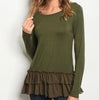 Ruffle Hem Long  Sleeve Tee-Olive