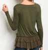 Ruffle Hem Long  Sleeve Tee-Olive